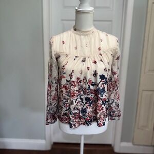 Lucky Brand Floral Print Long Sleeve Blouse‎ Top XS Bohemian Romantic
